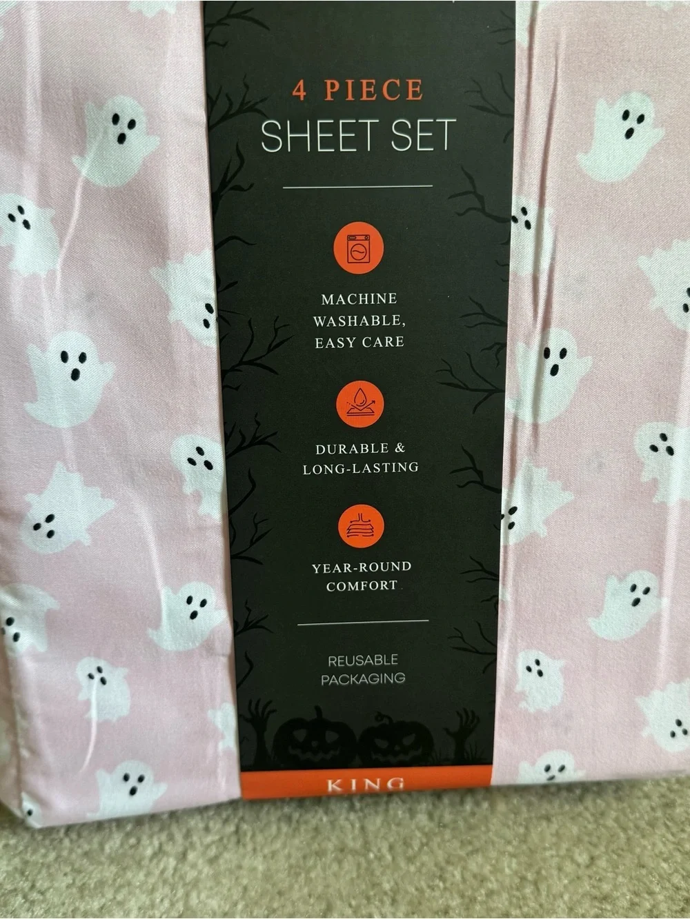 Spooky Story King 4-Piece Bed Sheet Set Pink Ghost Halloween Print New Bedding